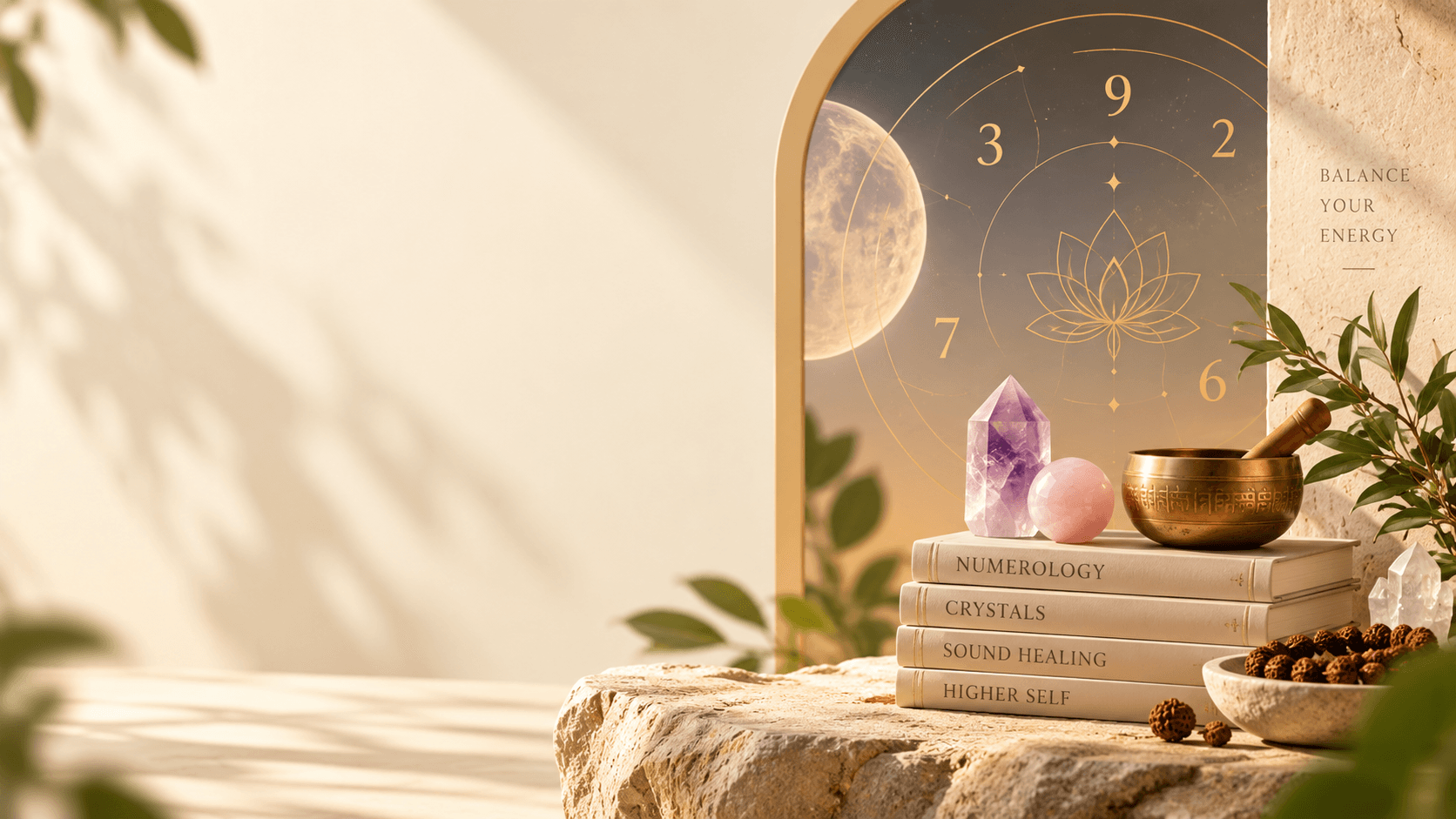 Crystals, singing bowl, numerology books and rudraksha in warm morning light