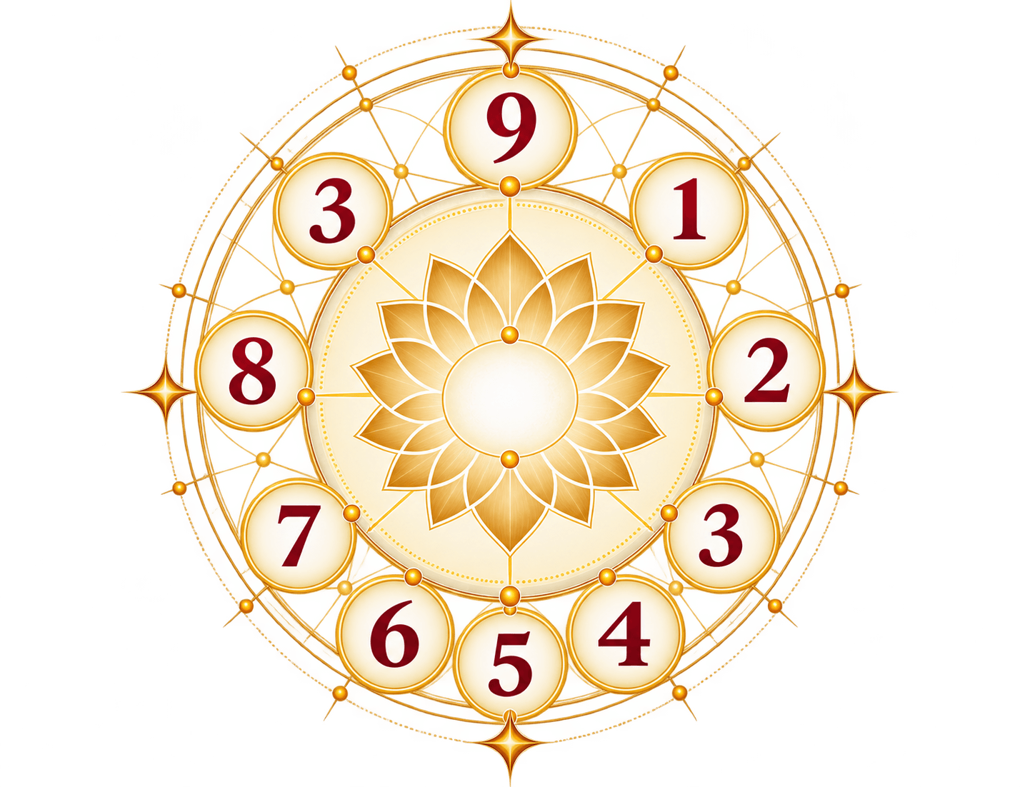 Golden numerology wheel with the numbers 1 to 9 arranged around a central lotus